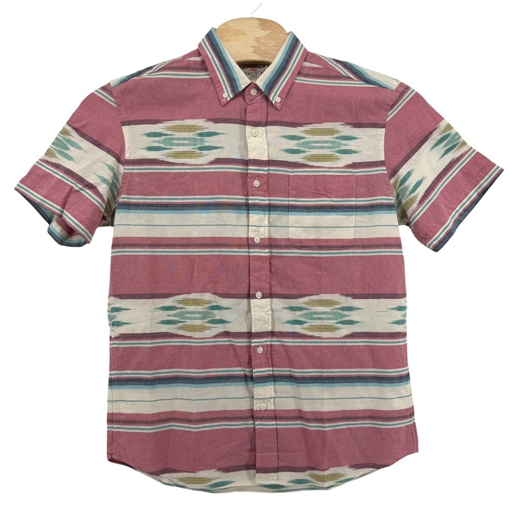 Faherty SS Coast Shirt Red Summer Ikat Organic Cotton Stripe Mens Large NEW
